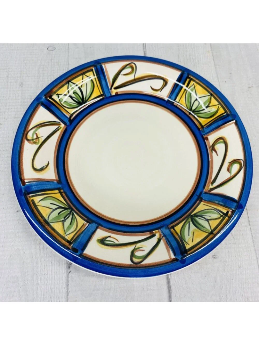 Liddy GREEN PLANTS Hand Painted Blue Trim Ceramic Salad Snack Round Plates Set 6